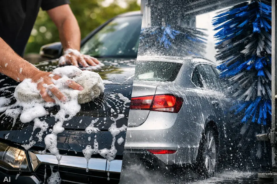 Handwäsche versus Waschanlage beim Auto – Symbolbild (KI-generiert)