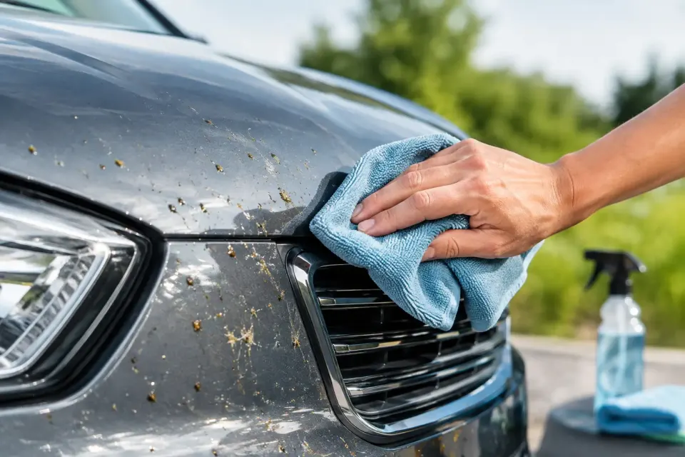 Insektenreste lackschonend entfernen am Auto – Symbolbild (KI-generiert)