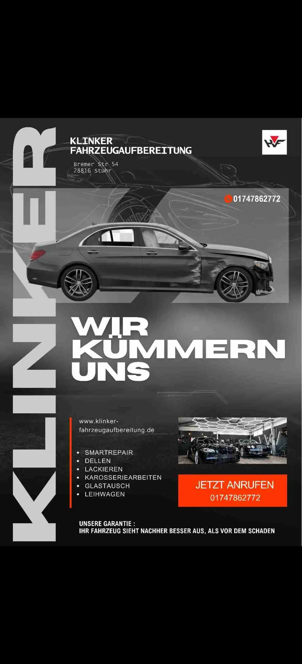 Services Flyer visual showing damaged car and service list
